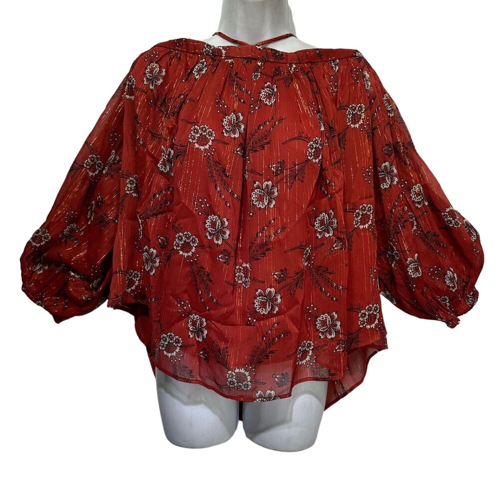 NWT Ann Taylor Orange Floral 3/4 Sleeve Flowy Pull Over Top Size Large Petite